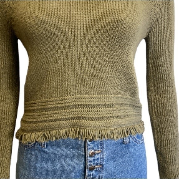 Artisan NY Cropped knit sweater fringe hem Army green rolled cuffs size XS - Picture 12 of 16